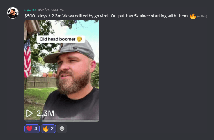 Creator: $500+ days and 2.3M views on videos edited by GoViral. Output is 5x since starting.